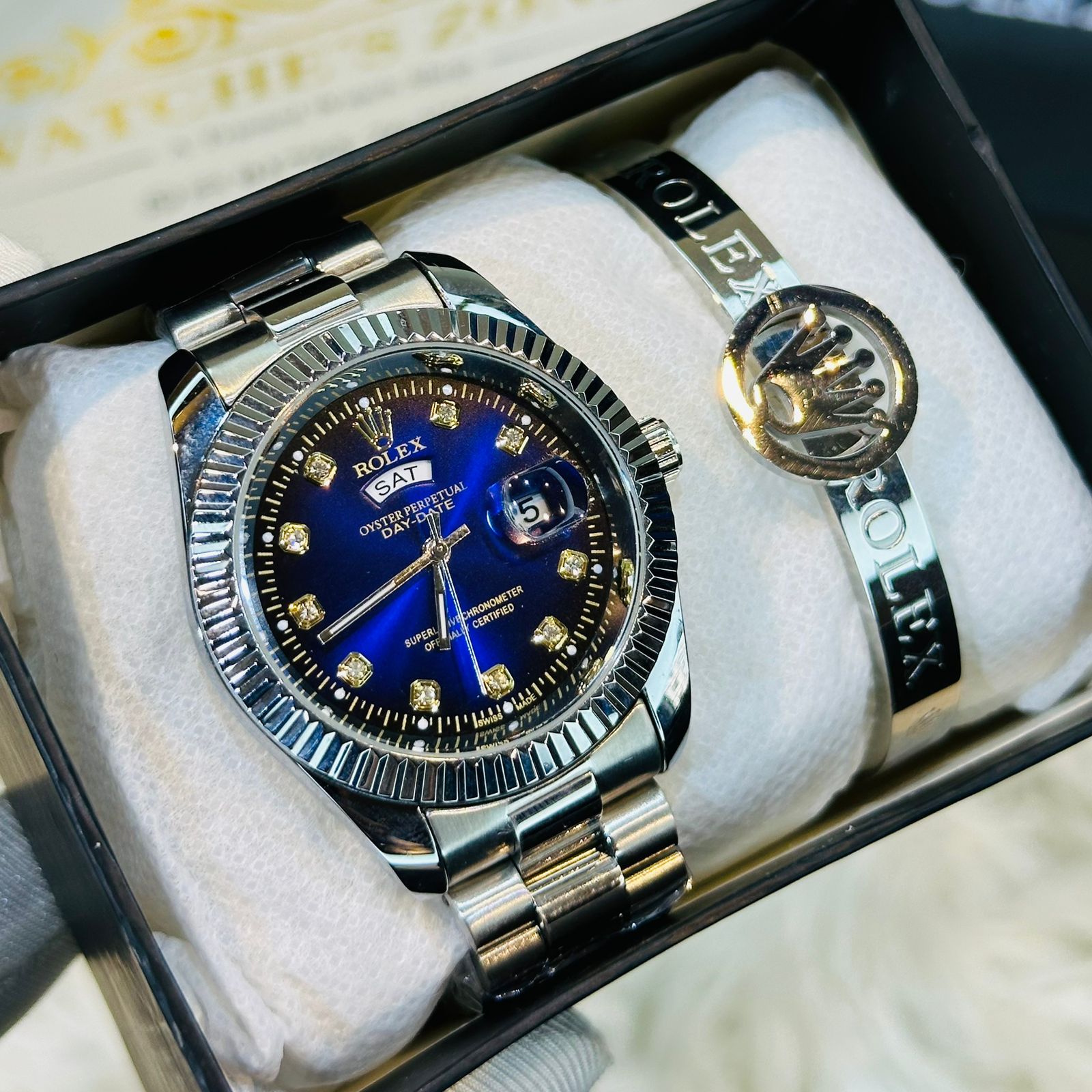 Premium Quality RLX Silver Blue Watches & Ring Bracelet