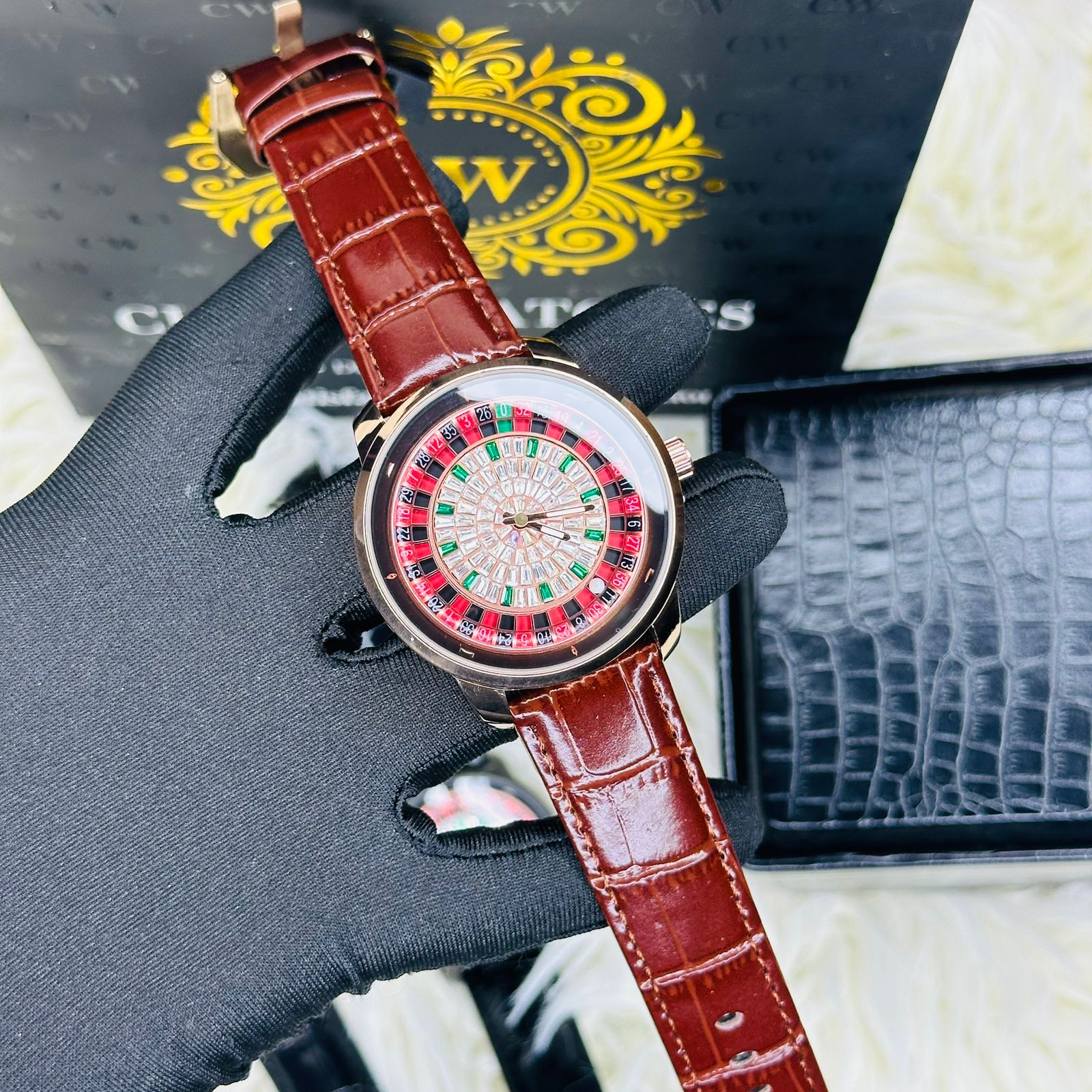 Premium Brown Leather Casino Stone Watch Rose Body