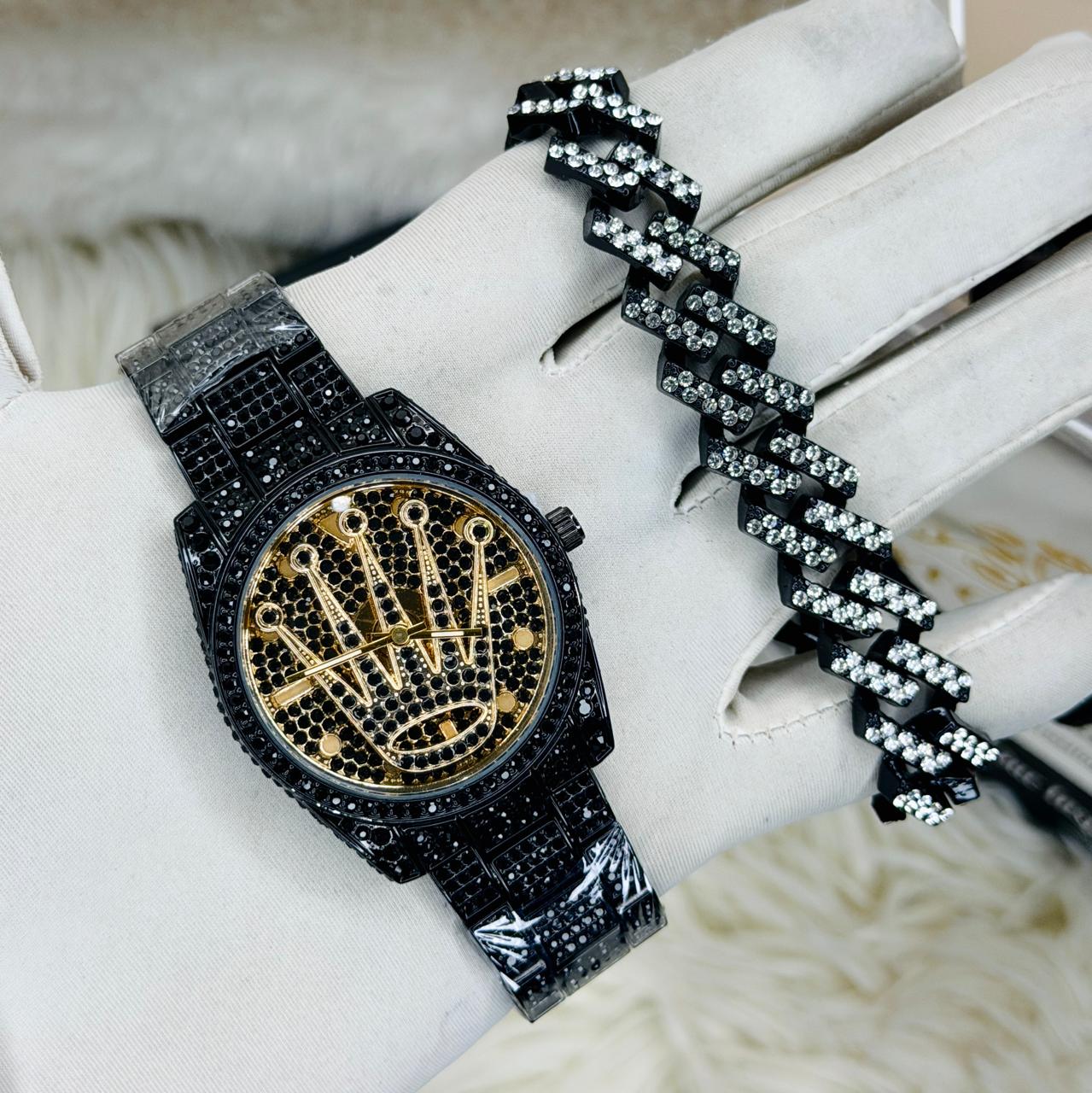 Iced Out Black Luxury Watch Set with Cuban Chain Combo for Men
